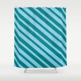 [ Thumbnail: Sky Blue & Teal Colored Lines/Stripes Pattern Shower Curtain ]