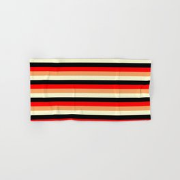 [ Thumbnail: Red, Brown, Light Yellow & Black Colored Lined Pattern Hand & Bath Towel ]