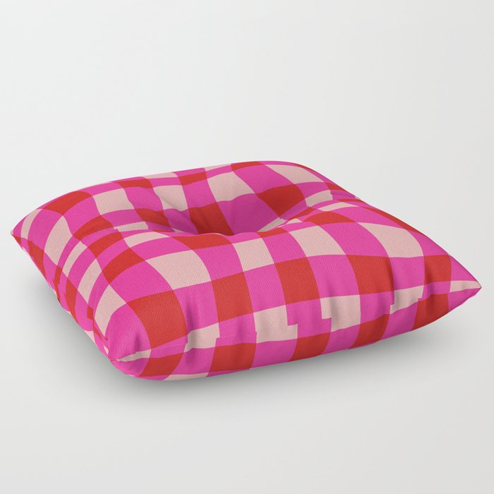 Warped Checkered Gingham Pattern (pink/red) Floor Pillow
