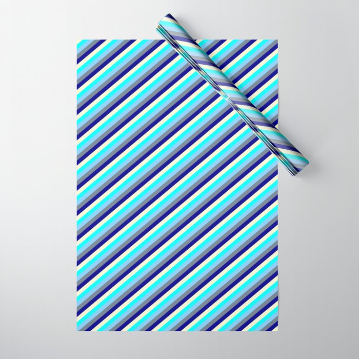 Colorful Light Yellow, Aqua, Light Sky Blue, Slate Gray & Dark Blue Colored Lines Pattern Wrapping Paper