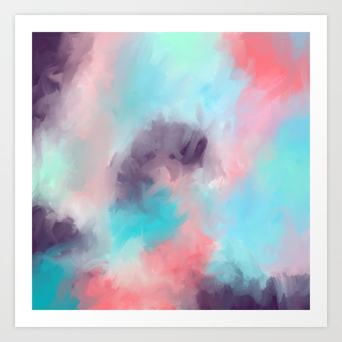 Abstract Teal Coral Purple Watercolor Hand Painted Pattern Art