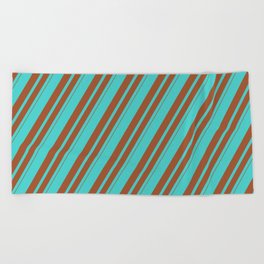 [ Thumbnail: Turquoise and Sienna Colored Lines Pattern Beach Towel ]