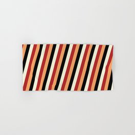 [ Thumbnail: Beige, Red, Brown, and Black Colored Lined Pattern Hand & Bath Towel ]
