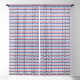 [ Thumbnail: Dark Slate Blue, Sky Blue, and Light Coral Colored Stripes Pattern Sheer Curtain ]