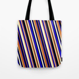 [ Thumbnail: Chocolate, Light Yellow, Black & Blue Colored Lines/Stripes Pattern Tote Bag ]