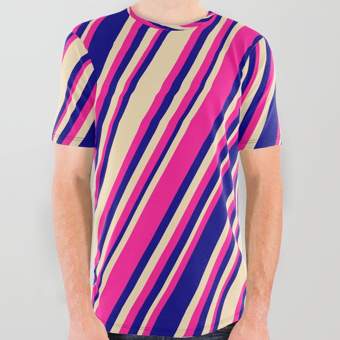 Deep Pink, Blue, and Tan Colored Stripes/Lines Pattern All Over Graphic Tee