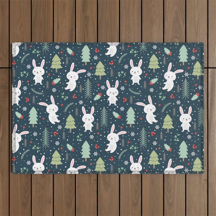 Happy Christmas Bunny Trees Snowflakes Pattern Outdoor Rug
