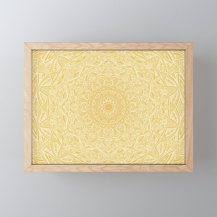 Most Detailed Mandala! Yellow Golden Color Intricate Detail Ethnic Mandalas Zentangle Maze Pattern Framed Mini Art Print