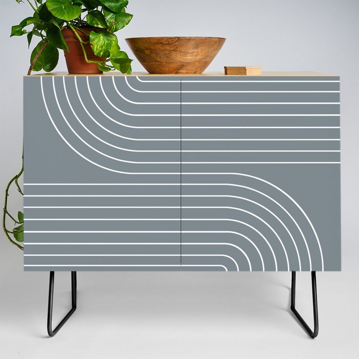 Minimal Line Curvature XCI Neutral Grey Blue Mid Century Modern Arch Abstract Credenza