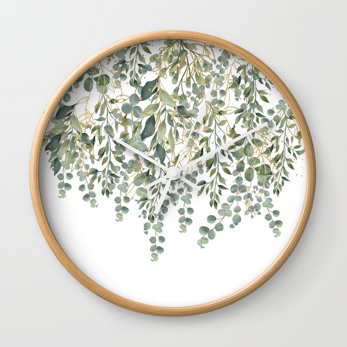 Gold And Green Eucalyptus Leaves Wall Clock