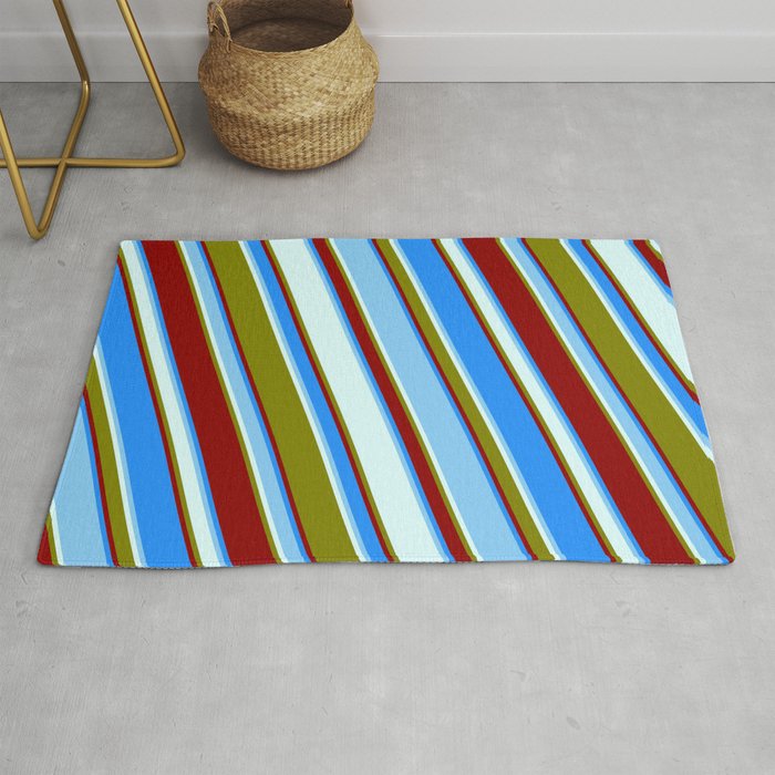 Vibrant Blue, Light Sky Blue, Light Cyan, Green & Dark Red Colored Lined/Striped Pattern Rug