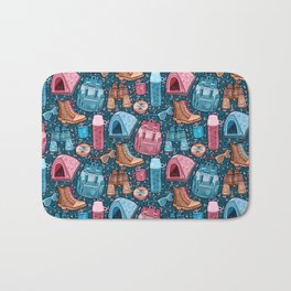 Camp Whimsy in Pink, Tan and Blue Bath Mat | Micklyn, Outdoors, Satchel, Camp, Girly, Painting, Floral, Gouache, Digital, Boots 