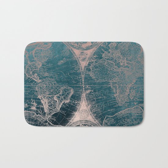 Antique Map Rose Gold Navy Blue Bath Mat