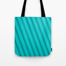 [ Thumbnail: Dark Turquoise & Dark Cyan Colored Lined/Striped Pattern Tote Bag ]