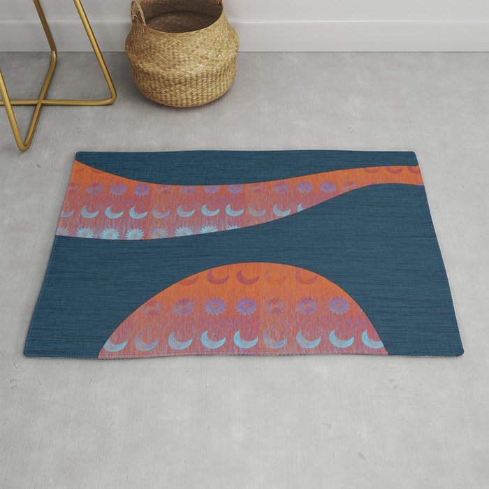 Digital Blue Denim and Glowing Orange Moon and Star Rug