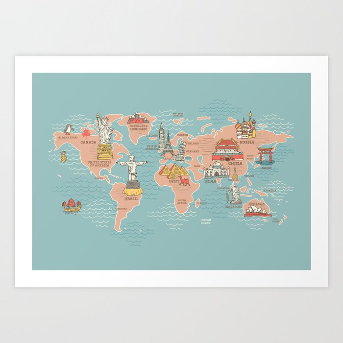 Cute World map cartoon style Art Print