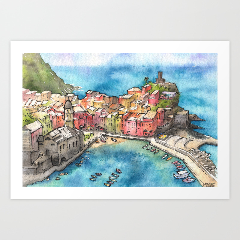 Cinque Terre Ink Watercolor Illustration Art Print By