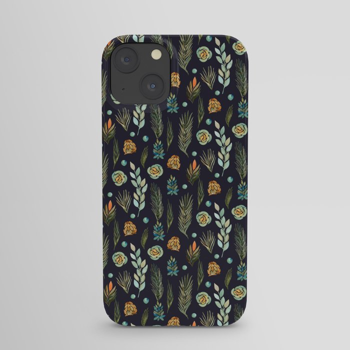 Plants Pattern Branches Leaves Green Navy Floral Watercolor iPhone Case