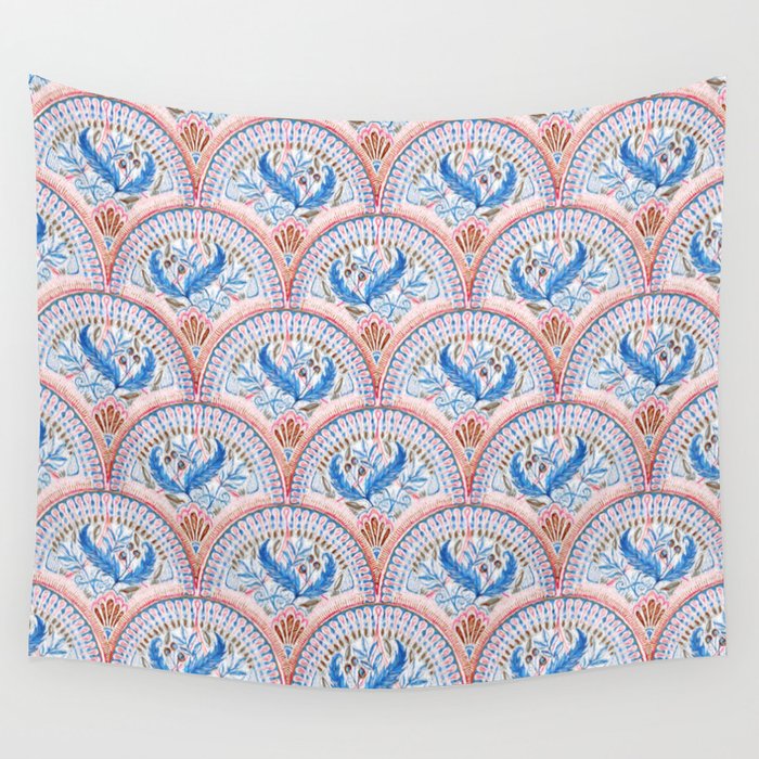 Art Deco Fresco in Sky Blue and Coral Wall Tapestry