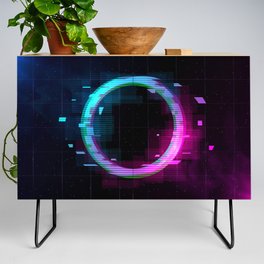 Synthwave Vaporwave Retrowave Glitch Circle with blue and pink glows with smoke and particles on laser grid space background.  Credenza