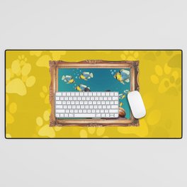 French Bulldog in Frame with Fishes and snail - yellow Desk Mat