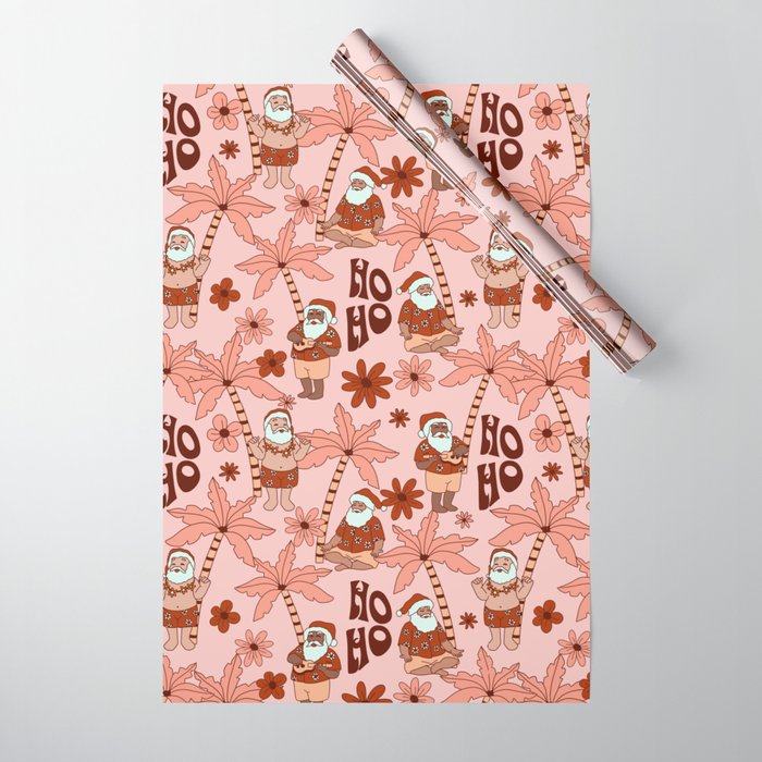 Tropical Christmas Surf Santa Pink Pattern Wrapping Paper