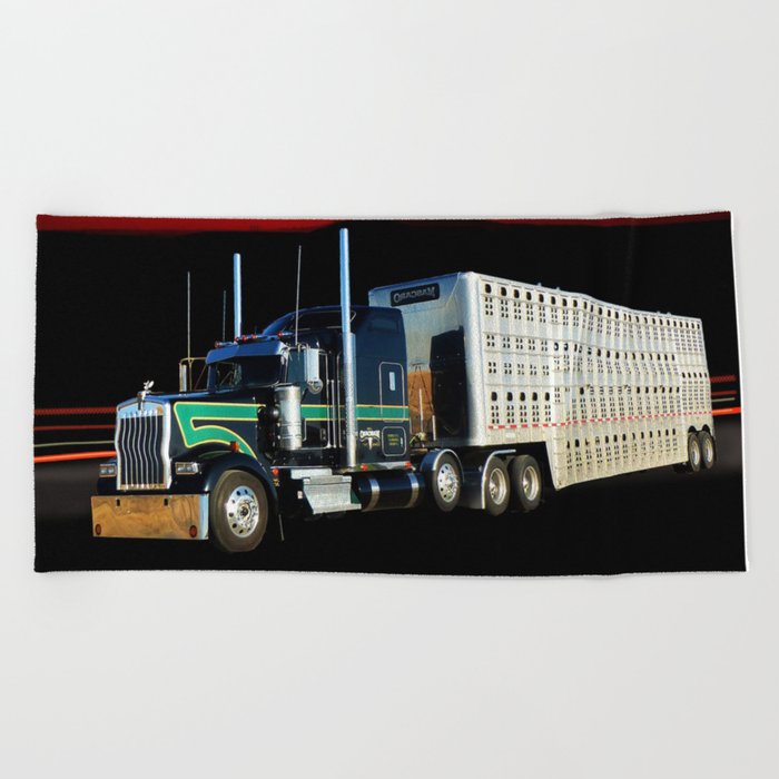 18 Wheeler Semi Truck With Cattle Hauling Trailer And Sunset Beach Towel By Rodeodays