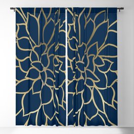 Floral Prints, Line Art, Navy Blue and Gold Blackout Curtain