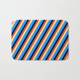 [ Thumbnail: Colorful Red, Tan, Blue, Black & White Colored Lined/Striped Pattern Bath Mat ]