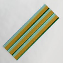 [ Thumbnail: Vibrant Black, Forest Green, Light Sky Blue, Dark Sea Green & Dark Goldenrod Colored Stripes Pattern Yoga Mat ]