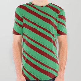 [ Thumbnail: Maroon & Sea Green Colored Striped Pattern All Over Graphic Tee ]