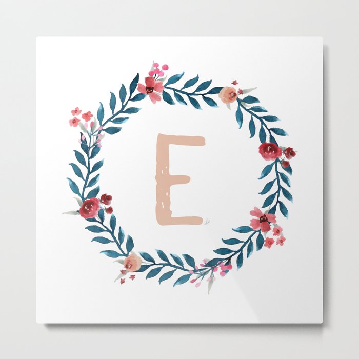 Watercolor Monogram Wreath Letter E Metal Print