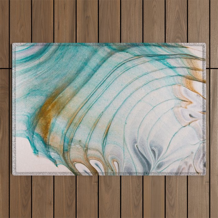 teal gold and white acrylic waves Outdoor Rug