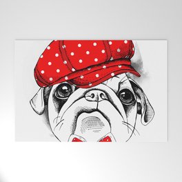 Portrait Dog Pug Red Cap Tie Welcome Mat