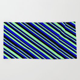 [ Thumbnail: Green, Blue & Black Colored Striped/Lined Pattern Beach Towel ]