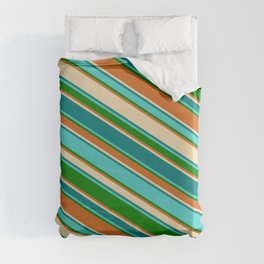 [ Thumbnail: Colorful Tan, Teal, Turquoise, Green, and Chocolate Colored Lines Pattern Duvet Cover ]