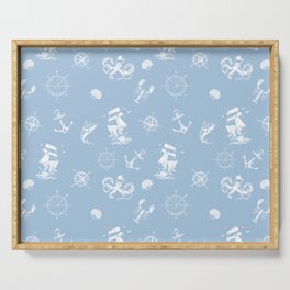 Pale Blue And White Silhouettes Of Vintage Nautical Pattern Serving Tray