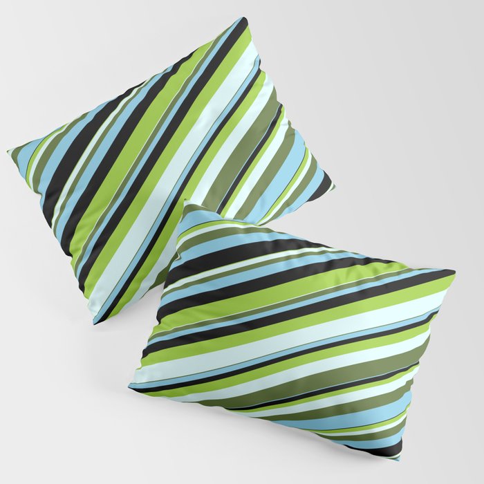 Colorful Green, Light Cyan, Dark Olive Green, Sky Blue & Black Colored Lines/Stripes Pattern Pillow Sham