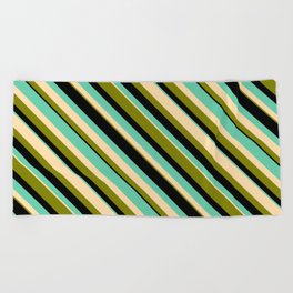 [ Thumbnail: Aquamarine, Tan, Green, and Black Colored Striped Pattern Beach Towel ]