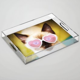 Cute Siamese Kitten with Pink Heart Sunglasses Acrylic Tray
