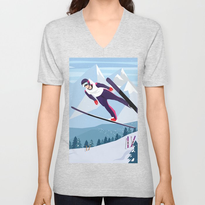 Skiing - Flying V Neck T Shirt