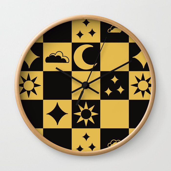 Medieval Celestial Banner Pattern in Black Wall Clock