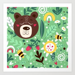 Seamless Patterns With floral and cute animals Art Print