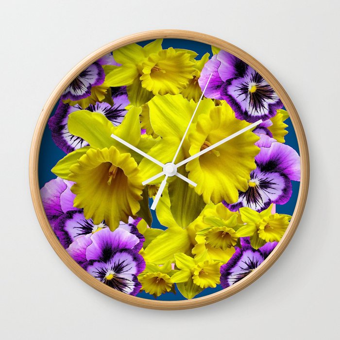 YELLOW SPRING DAFFODILS & LILAC PANSIES BLUE COLOR Wall Clock