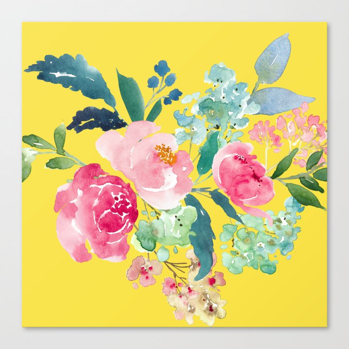 Yellow Watercolor Floral Pink Peonies Canvas Print