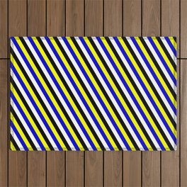 [ Thumbnail: Yellow, Blue, White, and Black Colored Lines Pattern Outdoor Rug ]
