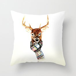 Deer buck with winter scarf - watercolor Throw Pillow