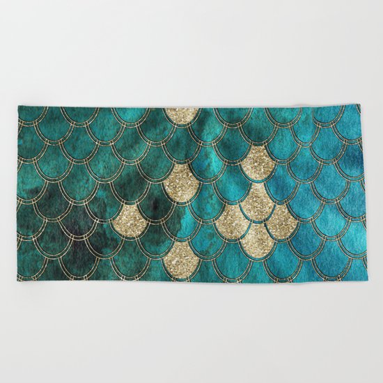 Multicolor aqua and gold mermaid scales - Beautiful abstract pattern Beach Towel
