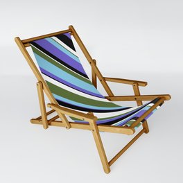 [ Thumbnail: Dark Olive Green, Sky Blue, Slate Blue, Black, and White Colored Lined Pattern Sling Chair ]