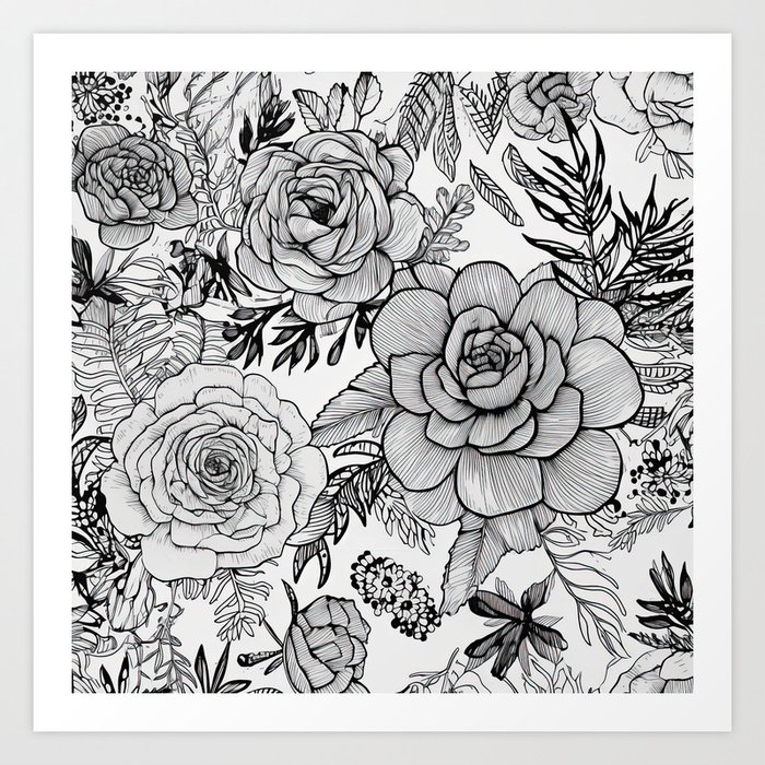 Black and White Ink Flowers II Art Print